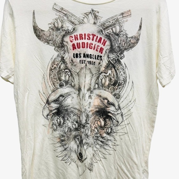 Christian Audigier Cream Bull Skull Wolf Embellished Graphic Tee - Picture 3 of 5